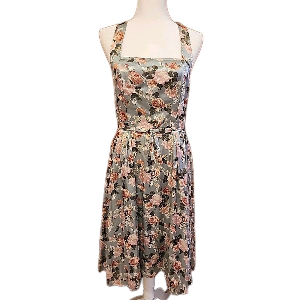 Floral Halter Dress Size L Pleated Flare Smocked Pin-Up‎ Coquette Cottage Retro